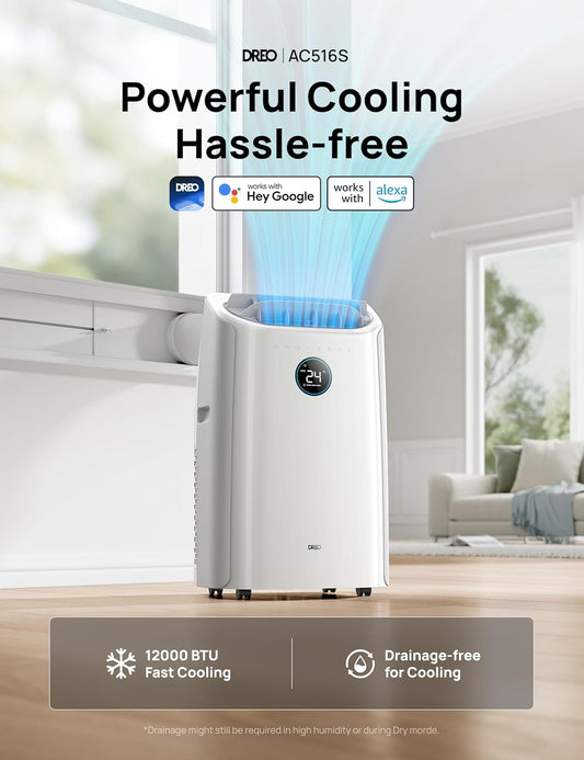 12,000 BTU Smart 3-in-1 Portable Air Conditioner — Drainage-Free, App & Voice Control, 24hr Timer, Cooling, Fan & Dehumidifier