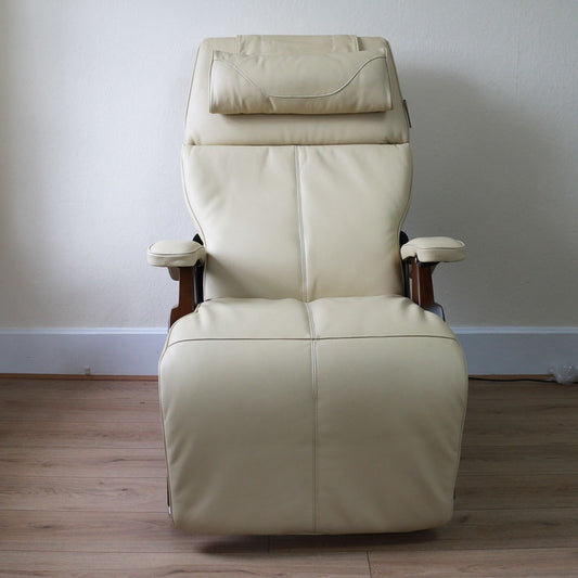 Perfect Chair Electric Zero Gravity Recliner, Ivory Leather w/ Walnut Base - Showroom Model