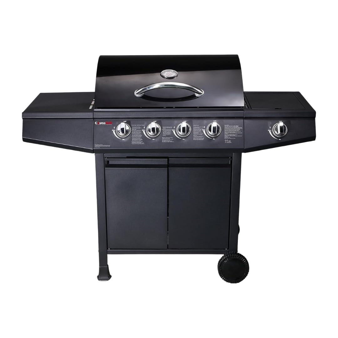 5 Burner Gas Barbecue Grill with Side Burner, Warming Rack & Storage