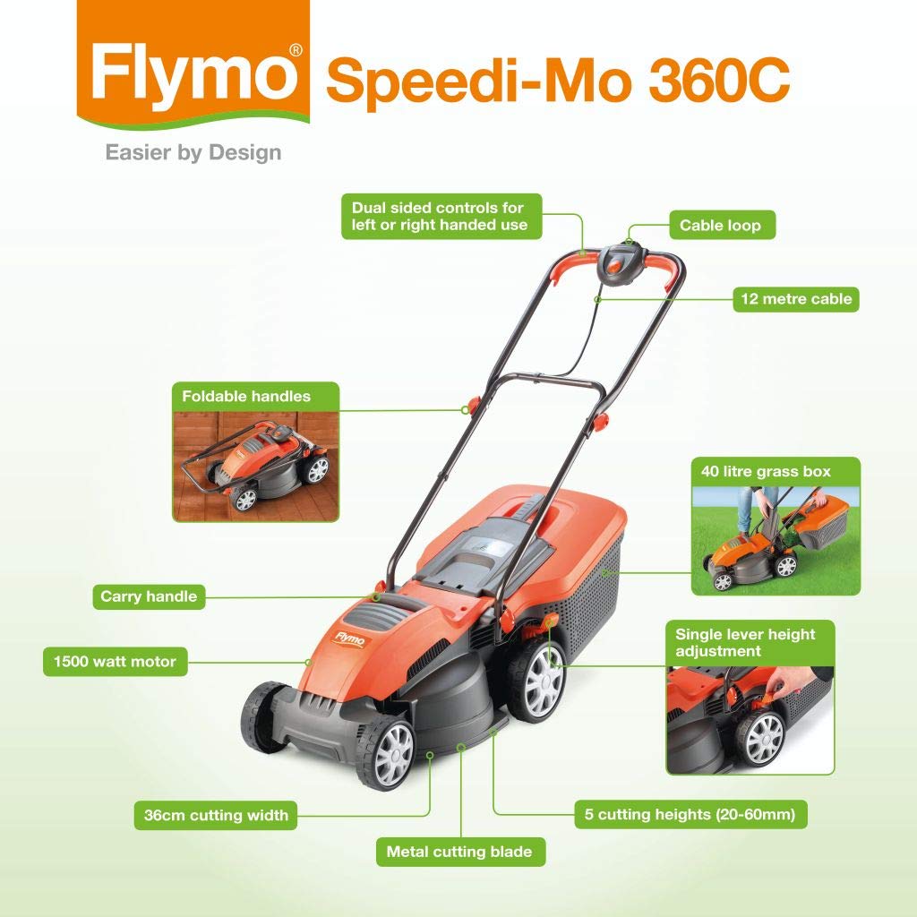 1500W Electric Lawn Mower with 36cm Cutting Width & 5 Height Settings