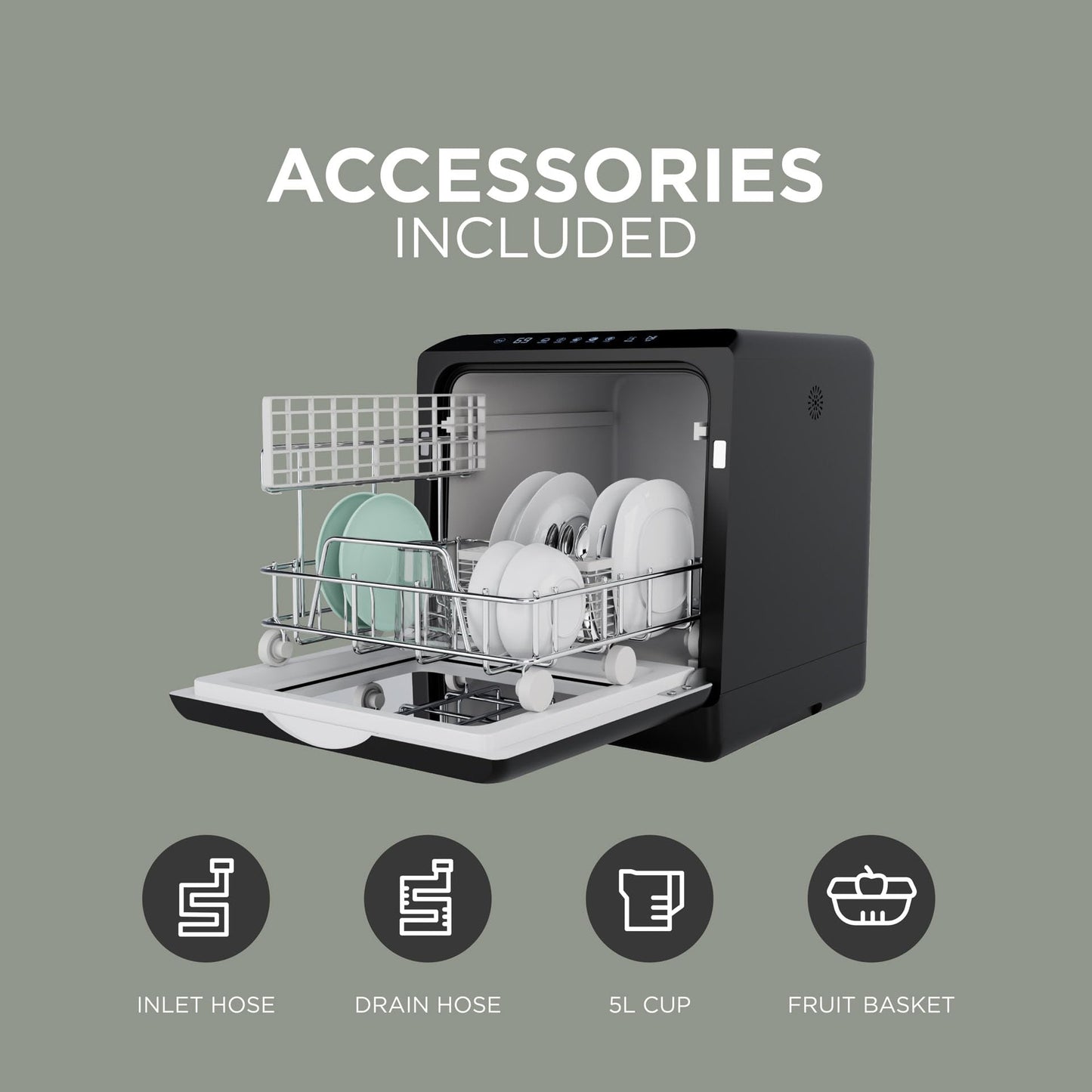 5L Compact Table Top Dishwasher with Touch Control, Drying & Fruit Wash - Black
