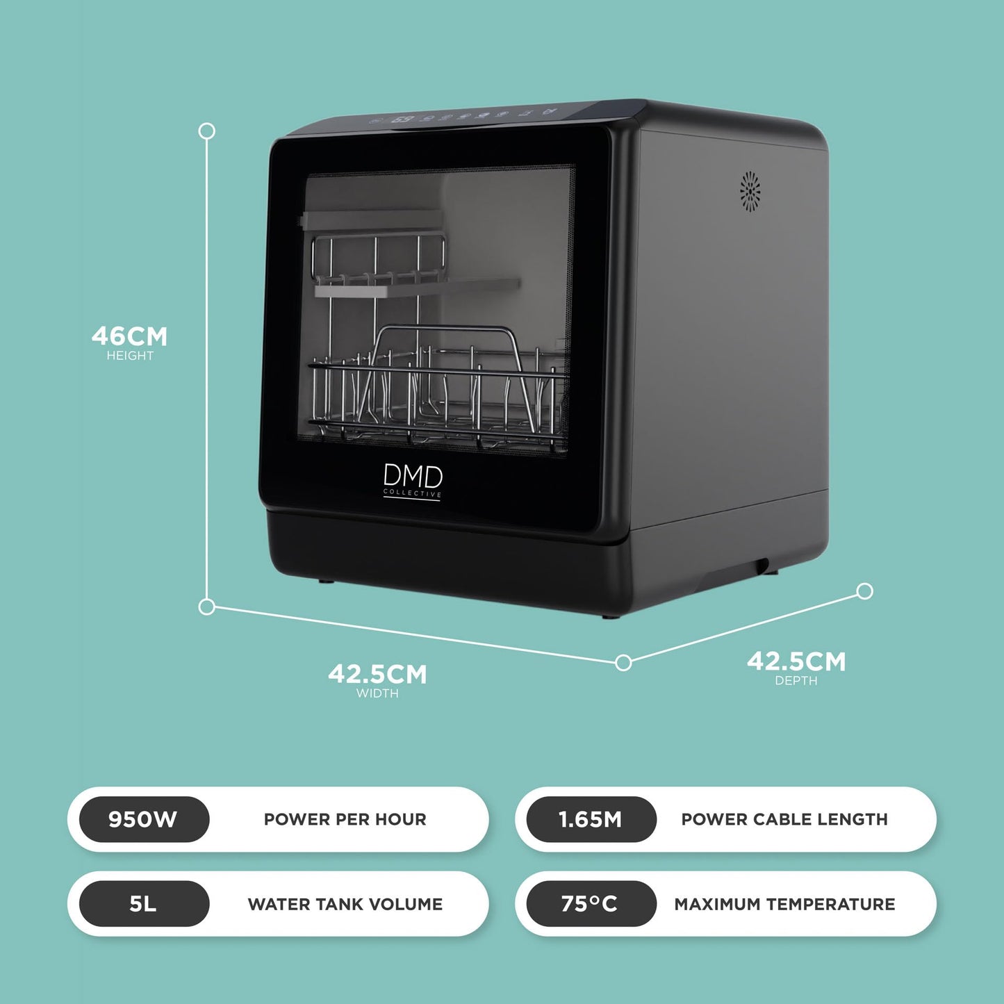 5L Compact Table Top Dishwasher with Touch Control, Drying & Fruit Wash - Black