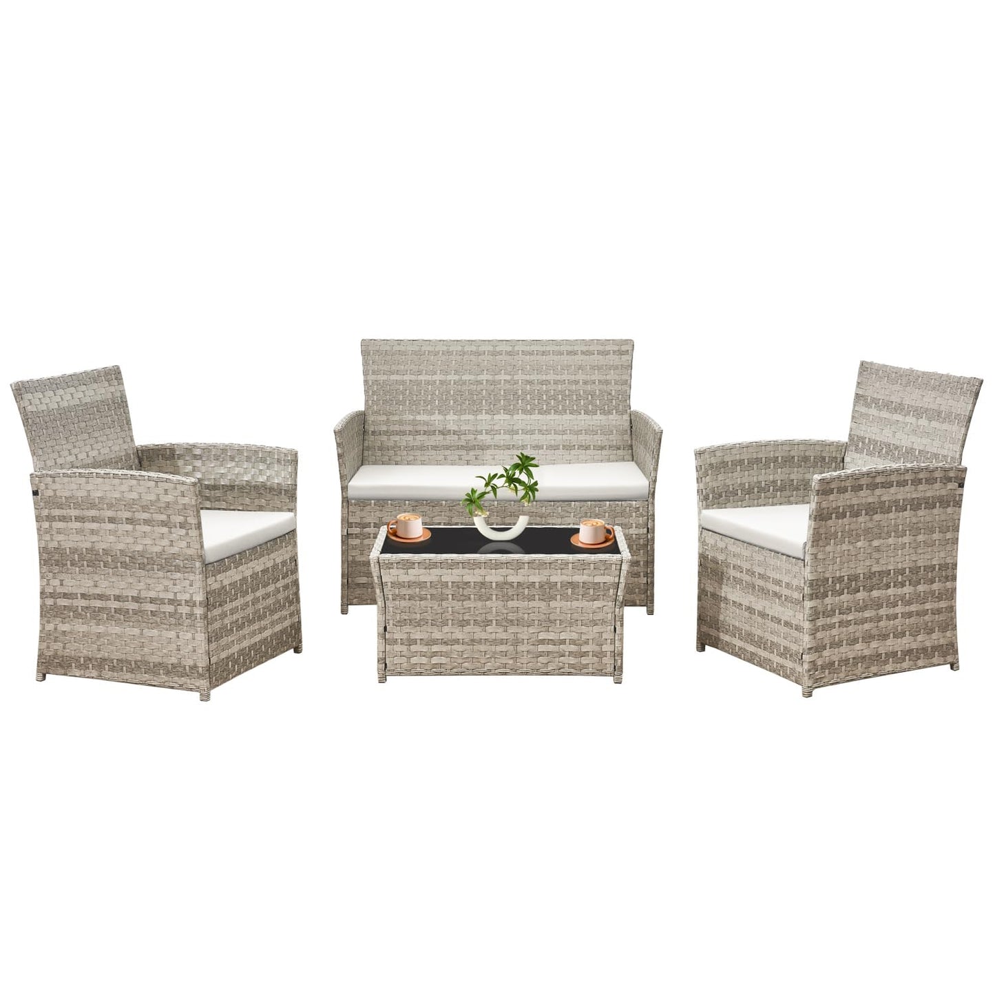 4 Person Rattan Patio Furniture Set with Sofa, Armchairs & Glass Table