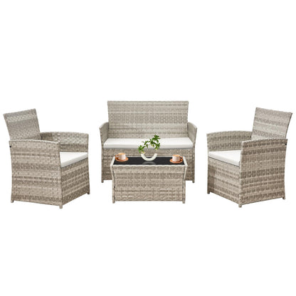 4 Person Rattan Patio Furniture Set with Sofa, Armchairs & Glass Table