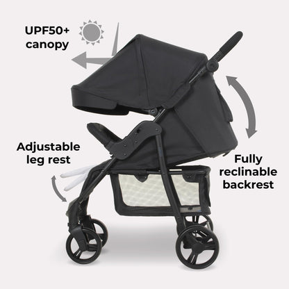 Compact Baby & Toddler Pushchair with Adjustable Recline, Large Basket & Rain Cover - Black