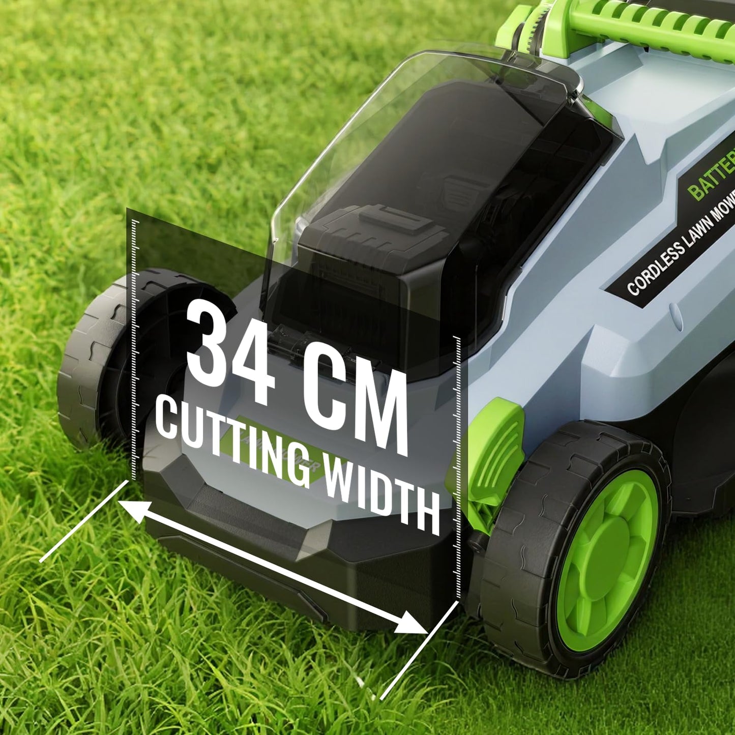 40V Brushless Cordless Lawn Mower with 34cm Cutting Width, 2 Batteries & Charger