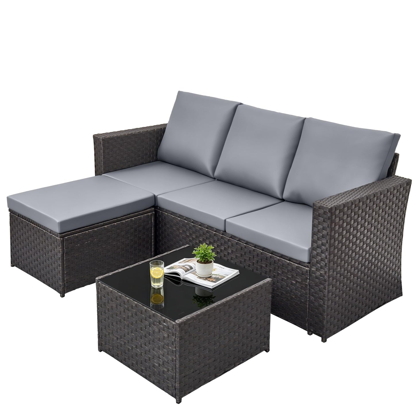 4 Seater Rattan Garden Corner Sofa Set with Ottoman & Glass Coffee Table