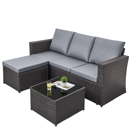 4 Seater Rattan Garden Corner Sofa Set with Ottoman & Glass Coffee Table