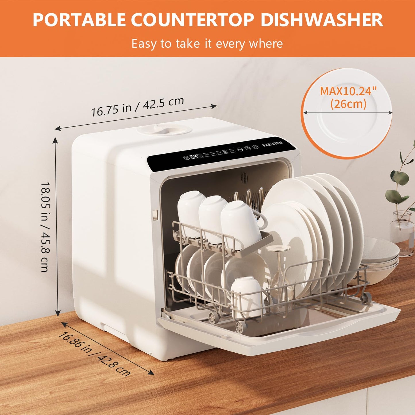 Compact Table Top Dishwasher with 6 Programs, 5L Water Tank & Auto Drying