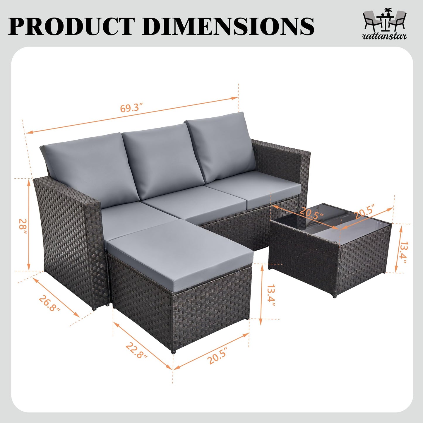 4 Seater Rattan Garden Corner Sofa Set with Ottoman & Glass Coffee Table