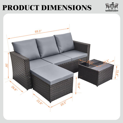 4 Seater Rattan Garden Corner Sofa Set with Ottoman & Glass Coffee Table