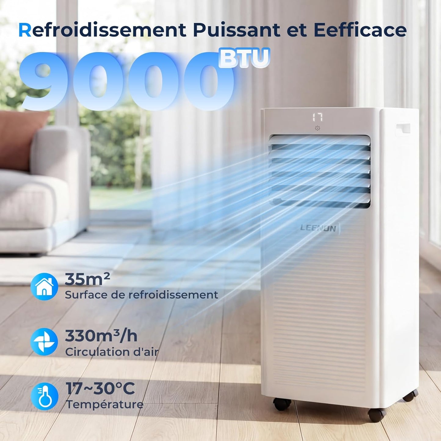 9,000 BTU 4-in-1 Portable Air Conditioner — Cooling, Dehumidifier, Fan & Sleep Mode, Class A, 24hr Timer, Remote Control