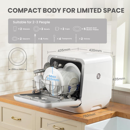 Compact Table Top Dishwasher with 5L Water Tank, 6 Wash Programs & Steam Function - White