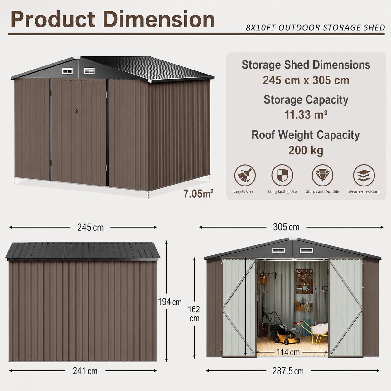 10 x 8ft Large Galvanised Metal Garden Storage Shed with Lockable Doors