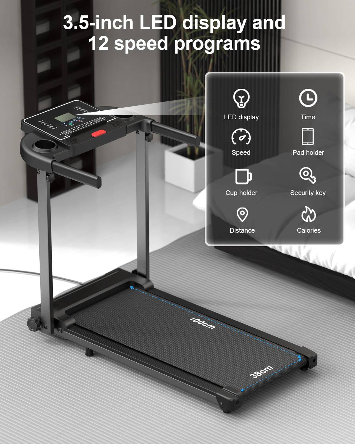 Folding Treadmill with Handle, LCD Display, 12 Workout Programmes & 10km/h Speed