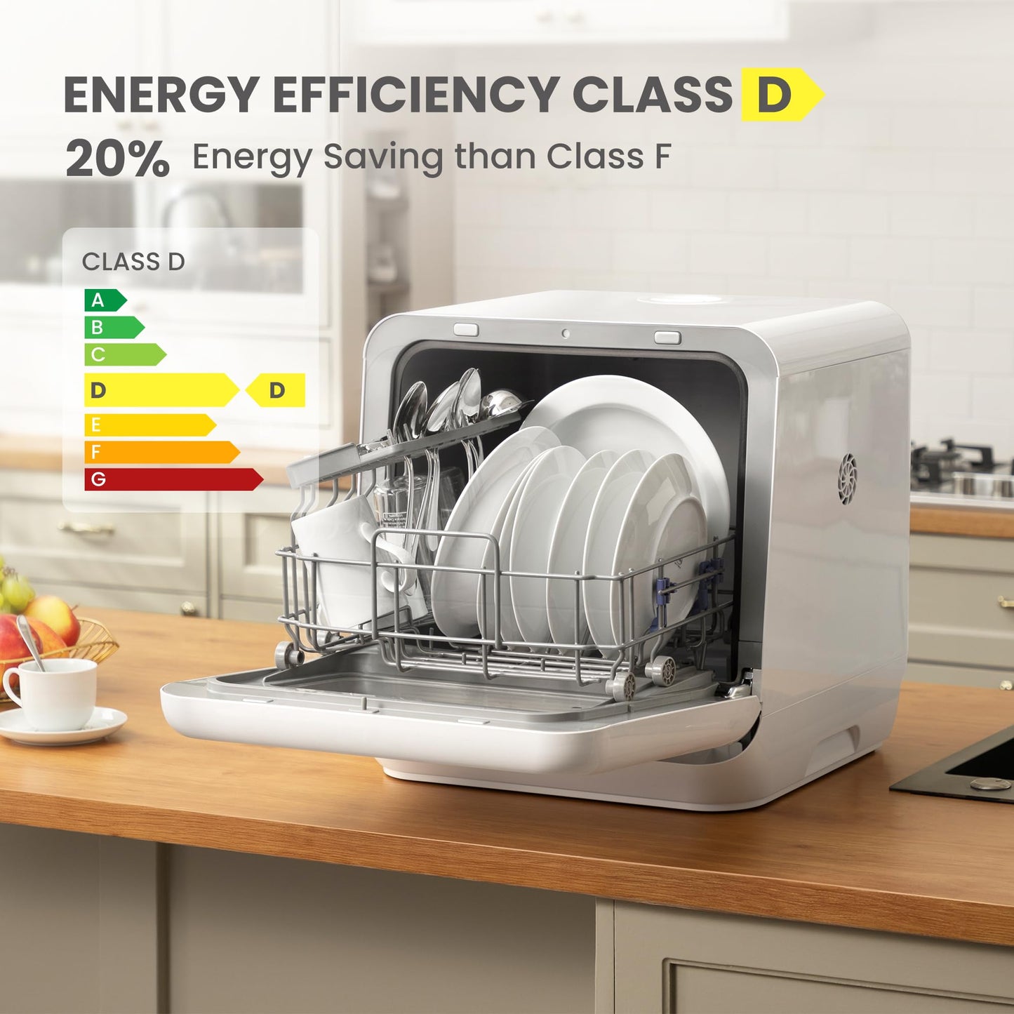 Compact Table Top Dishwasher with 5L Water Tank, 6 Wash Programs & Steam Function - White