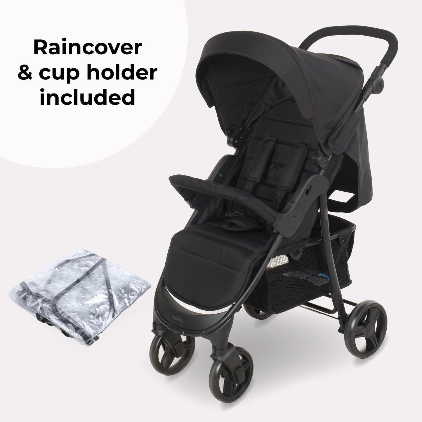 Compact Baby & Toddler Pushchair with Adjustable Recline, Large Basket & Rain Cover - Black