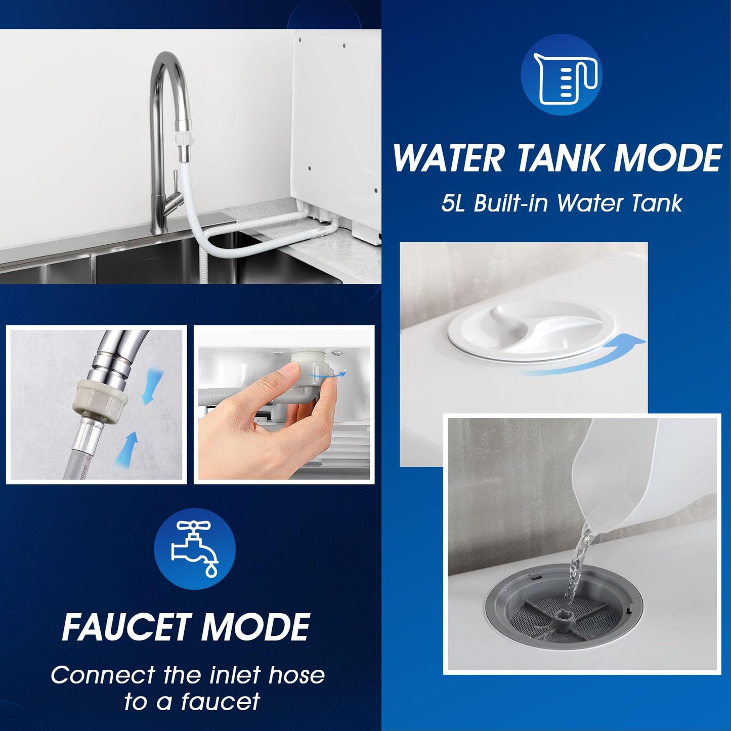 6 Program Compact Table Top Dishwasher with 5L Water Tank & Auto Drying
