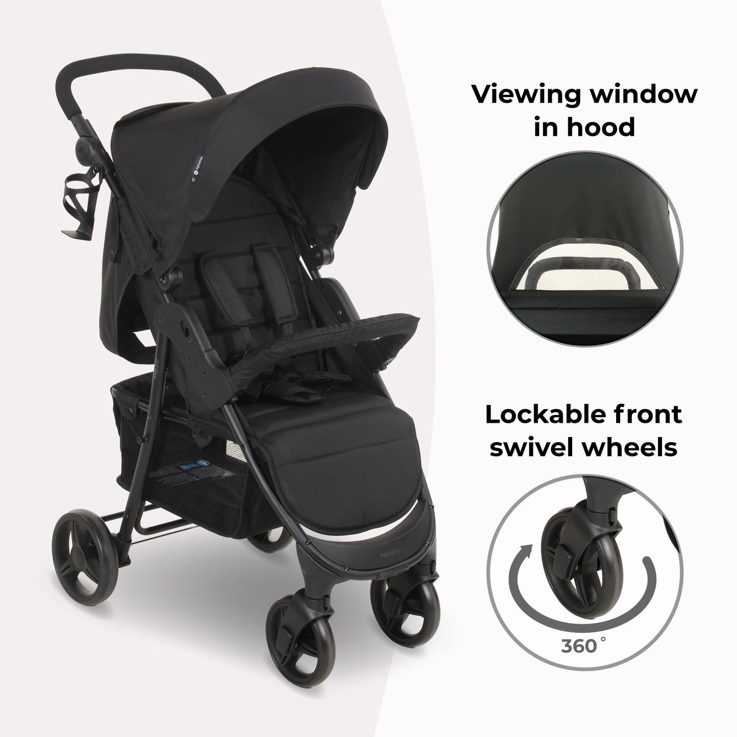 Compact Baby & Toddler Pushchair with Adjustable Recline, Large Basket & Rain Cover - Black