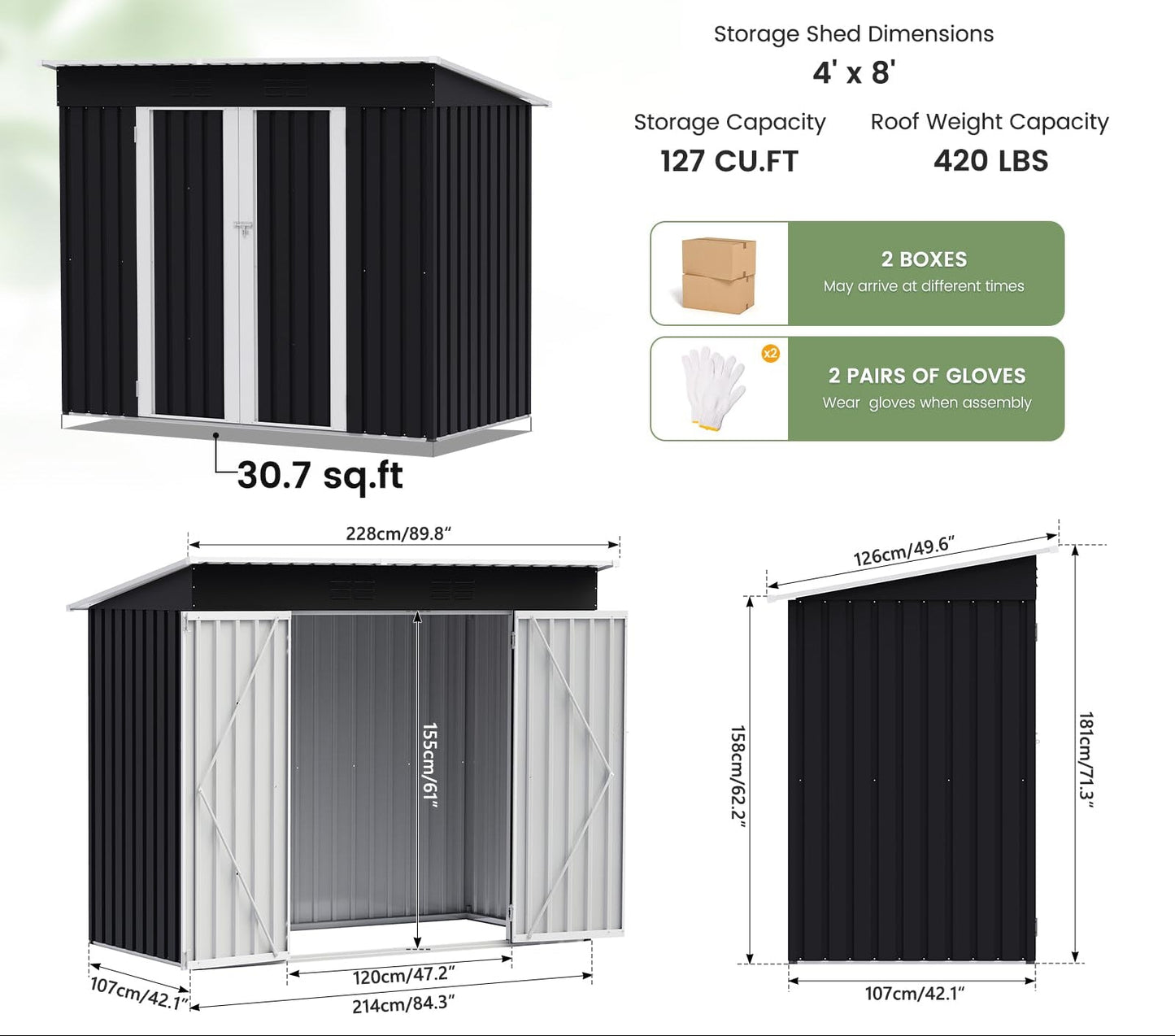 8 x 4ft Galvanised Metal Garden Storage Shed with Lockable Door