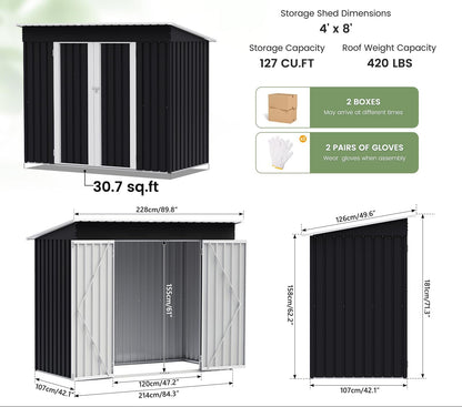 8 x 4ft Galvanised Metal Garden Storage Shed with Lockable Door