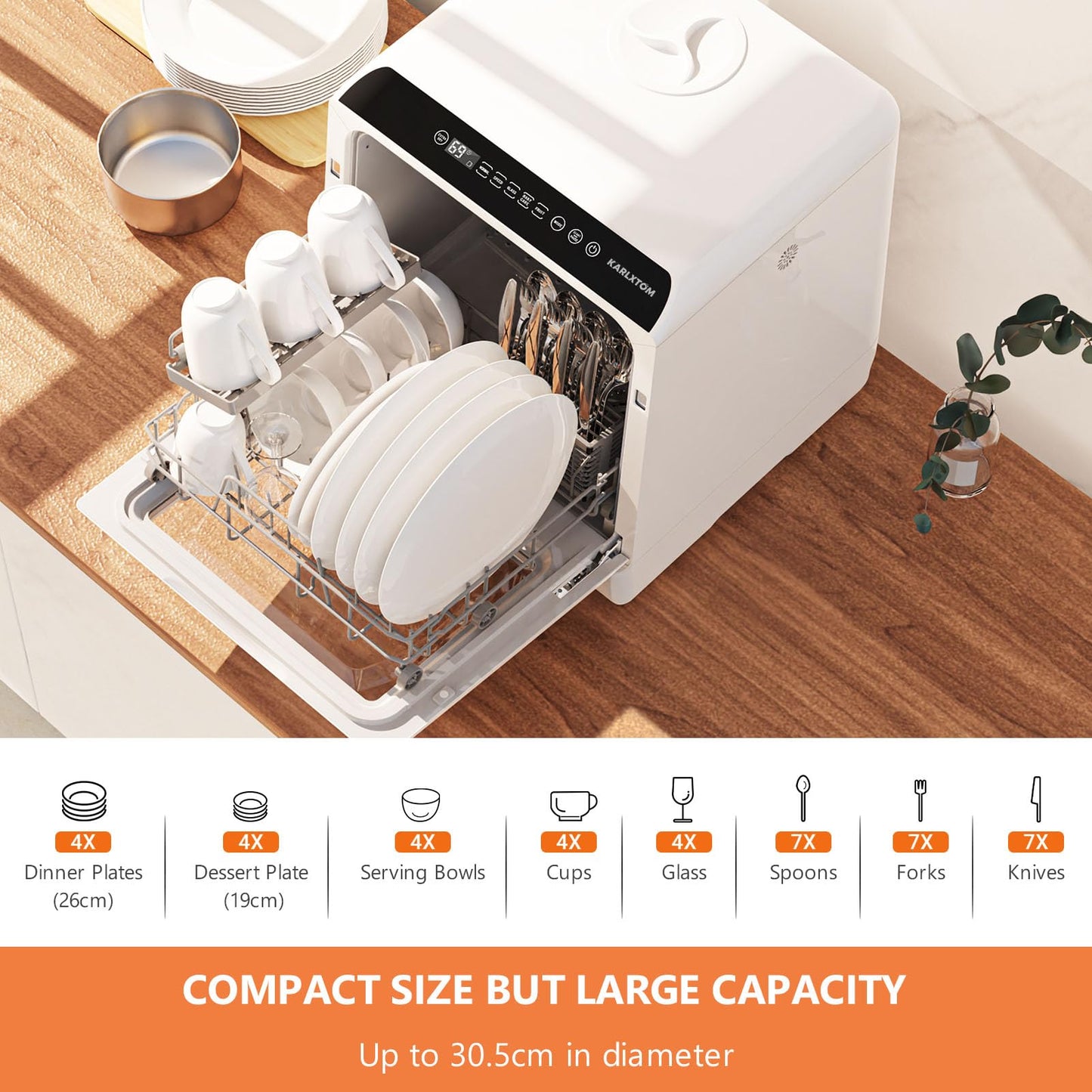 Compact Table Top Dishwasher with 6 Programs, 5L Water Tank & Auto Drying
