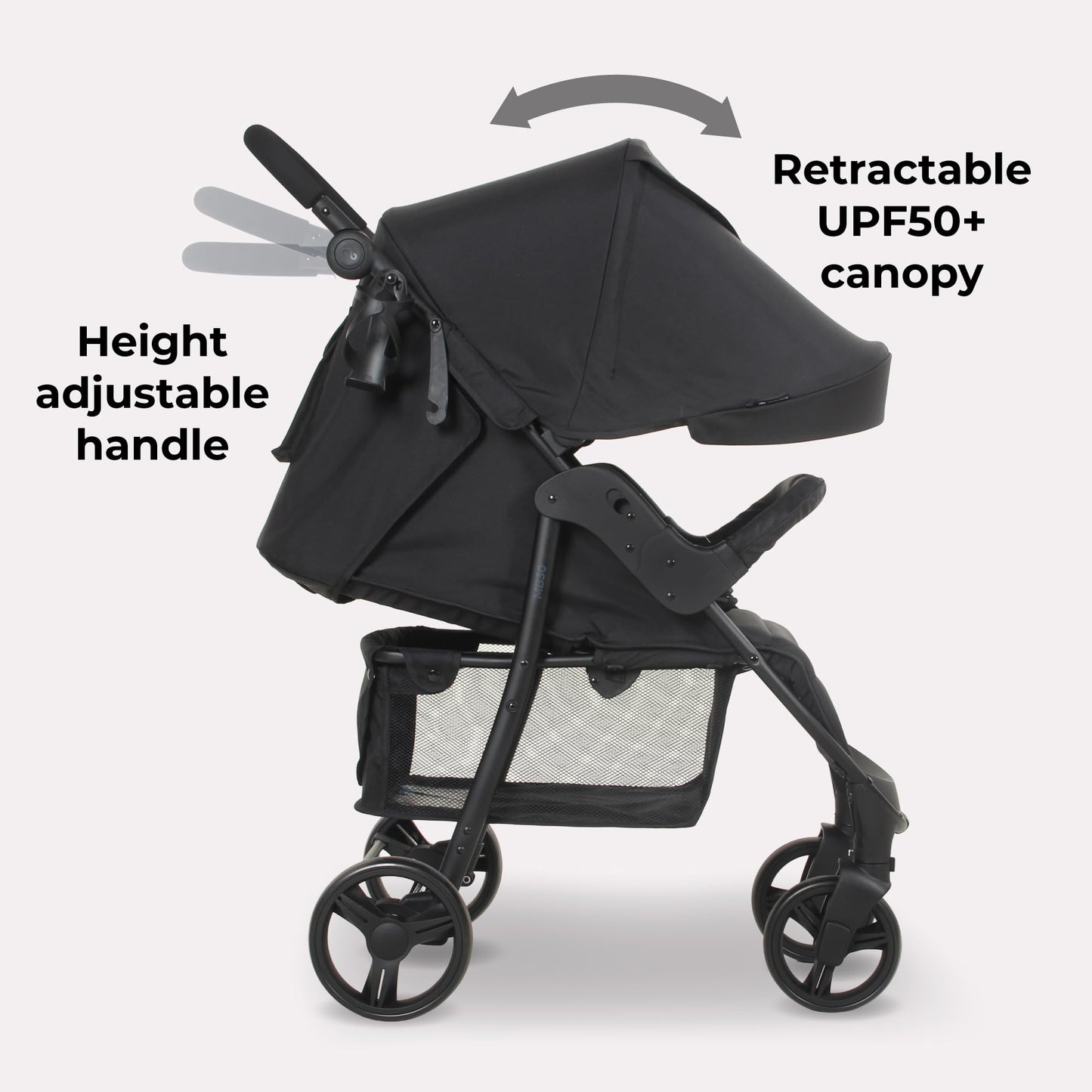 Compact Baby & Toddler Pushchair with Adjustable Recline, Large Basket & Rain Cover - Black