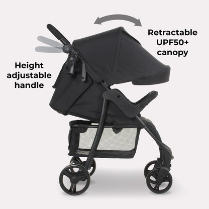 Compact Baby & Toddler Pushchair with Adjustable Recline, Large Basket & Rain Cover - Black