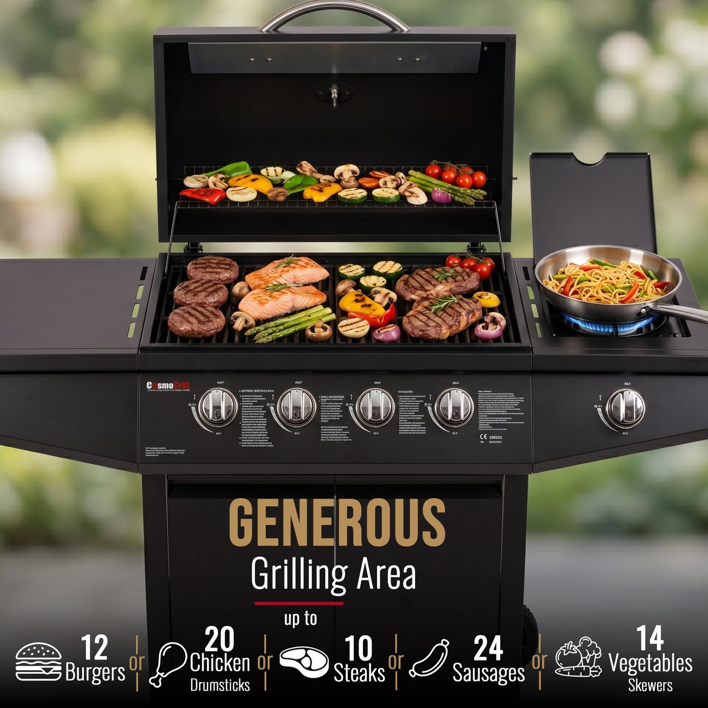 5 Burner Gas Barbecue Grill with Side Burner, Warming Rack & Storage