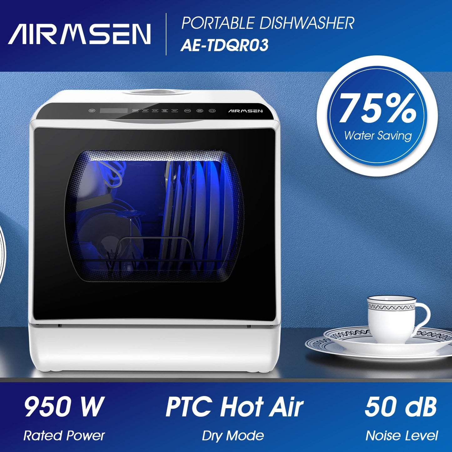 6 Program Compact Table Top Dishwasher with 5L Water Tank & Auto Drying