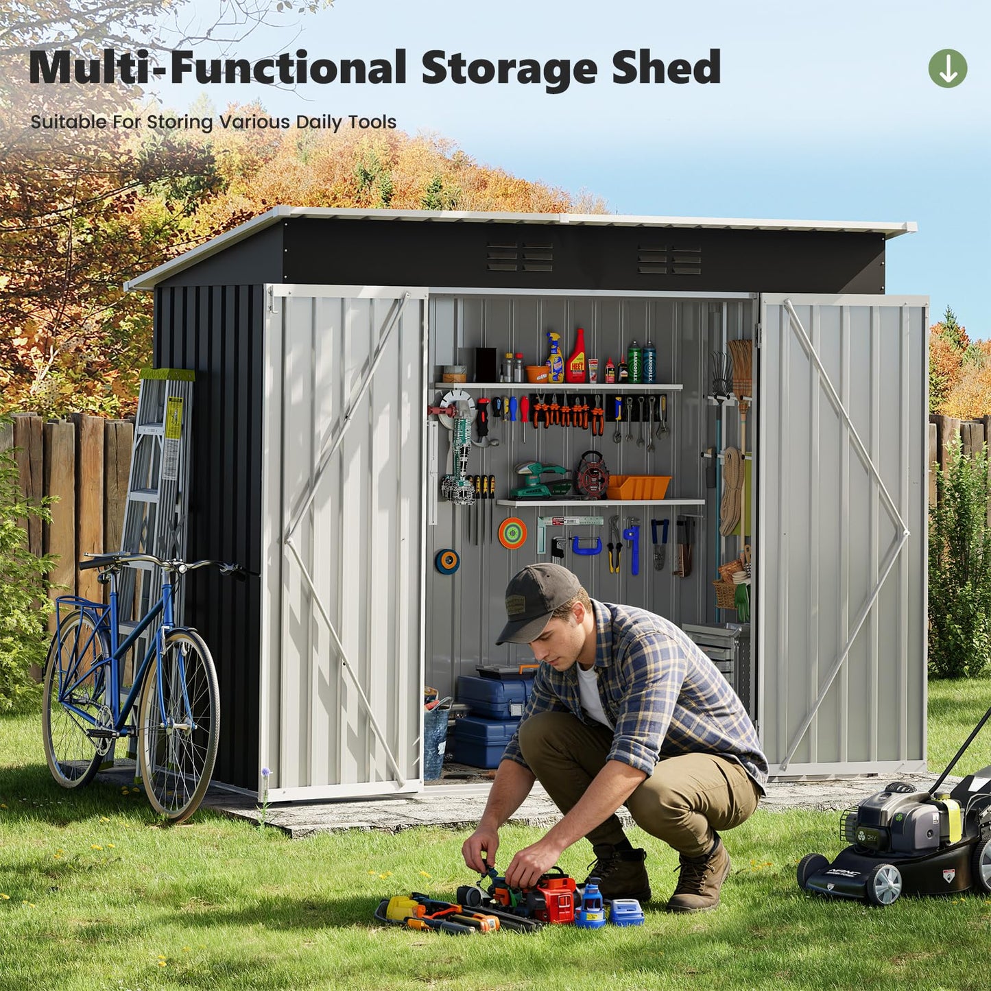 8 x 4ft Galvanised Metal Garden Storage Shed with Lockable Door