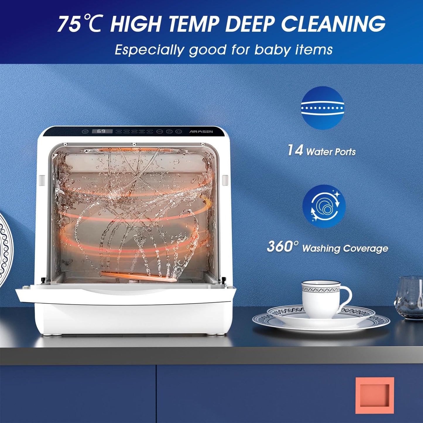 6 Program Compact Table Top Dishwasher with 5L Water Tank & Auto Drying