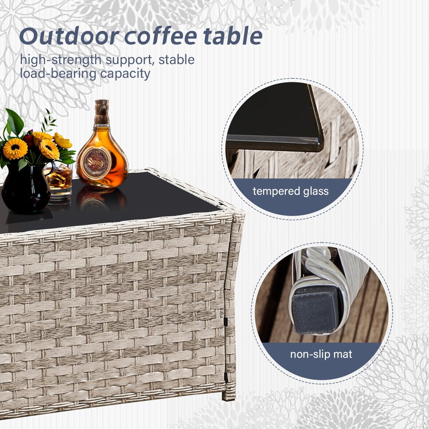 4 Person Rattan Patio Furniture Set with Sofa, Armchairs & Glass Table