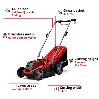 18V Brushless Cordless Lawn Mower with 33cm Cutting Width, Battery & Charger