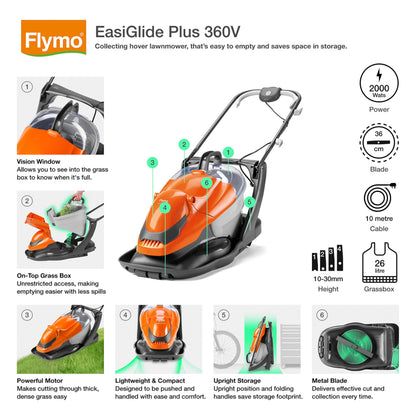 2000W Electric Hover Lawn Mower with 36cm Cutting Width & 26L Grass Collector