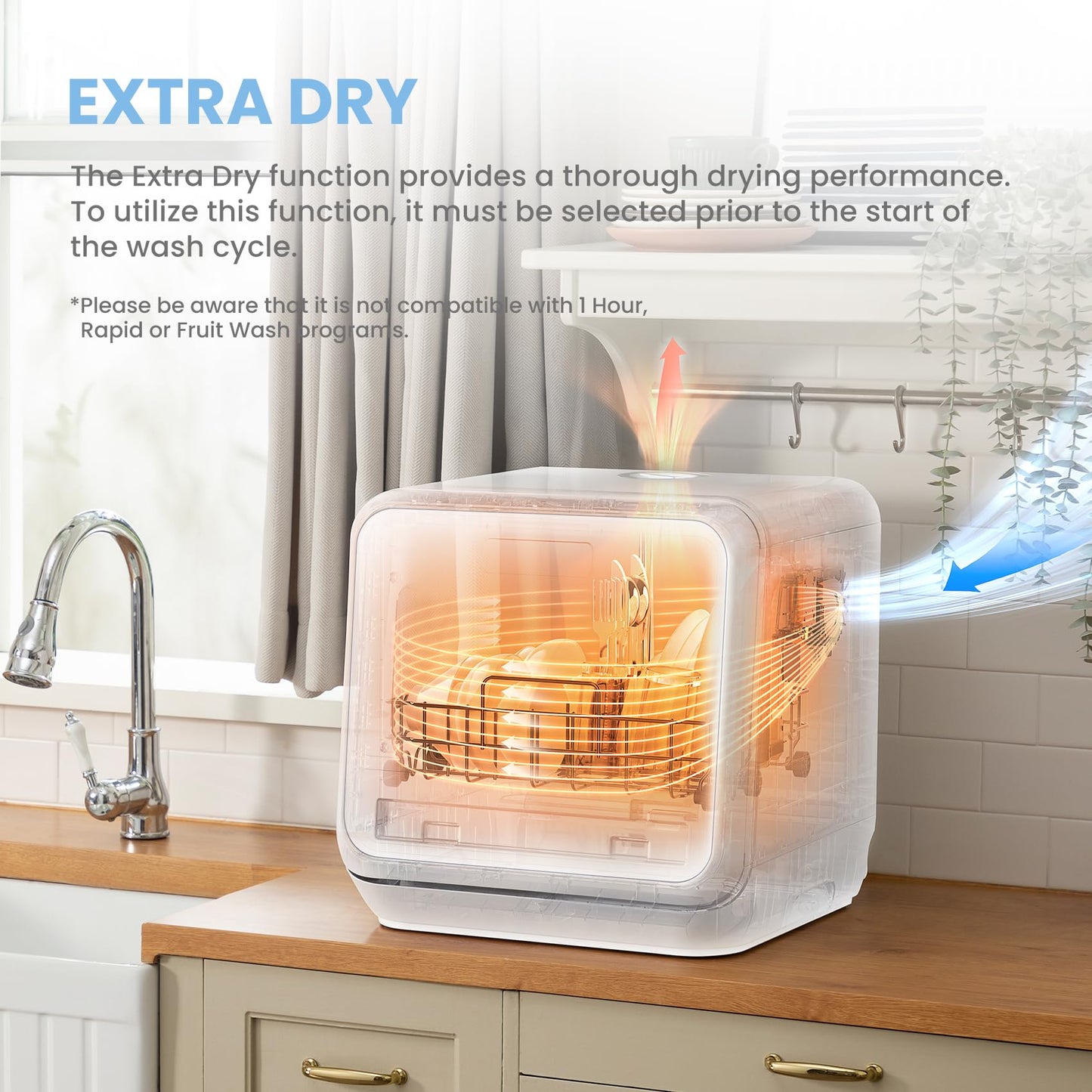 Compact Table Top Dishwasher with 5L Water Tank, 6 Wash Programs & Steam Function - White