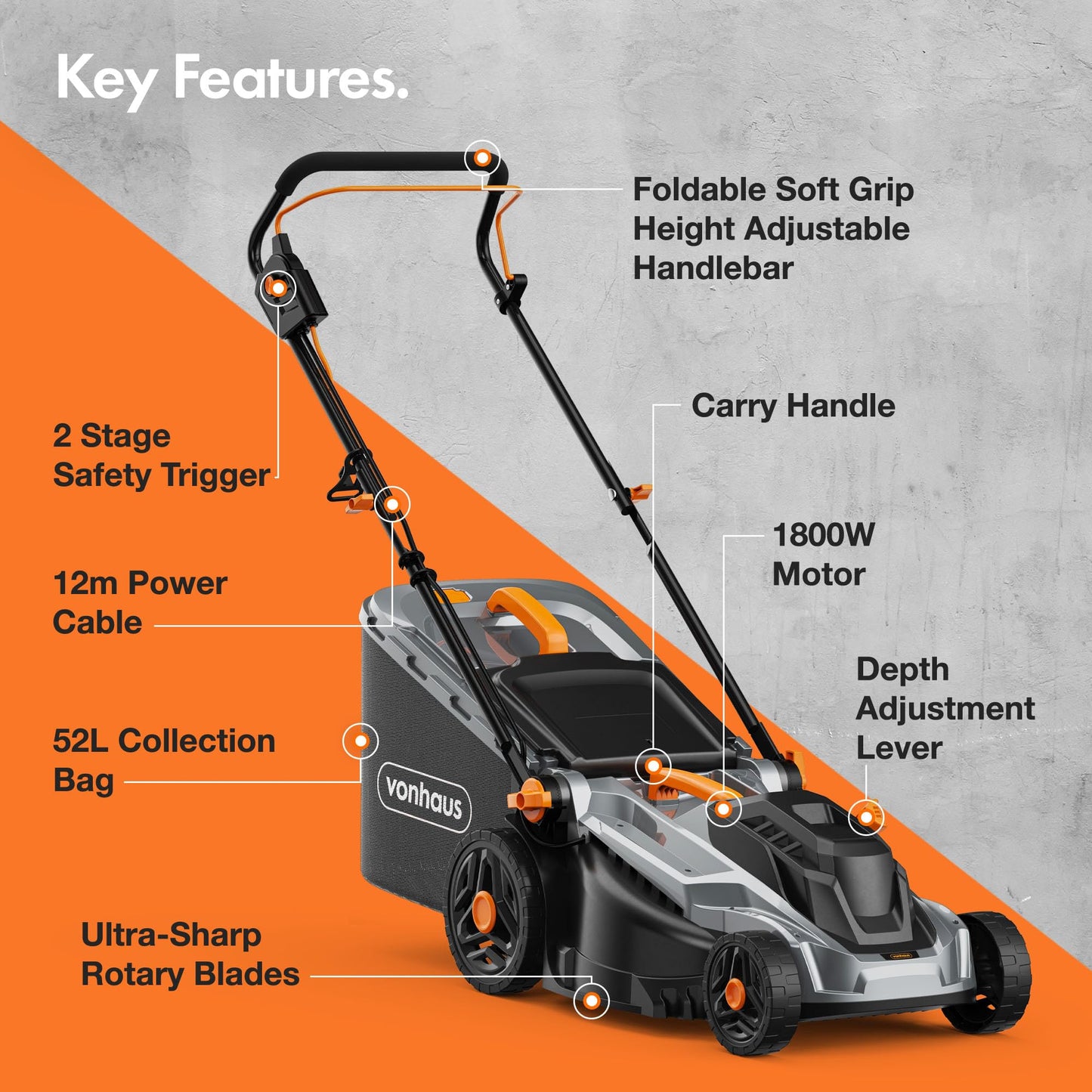 1800W Electric Lawn Mower with 43cm Cutting Width, 52L Grass Box & Mulching Function
