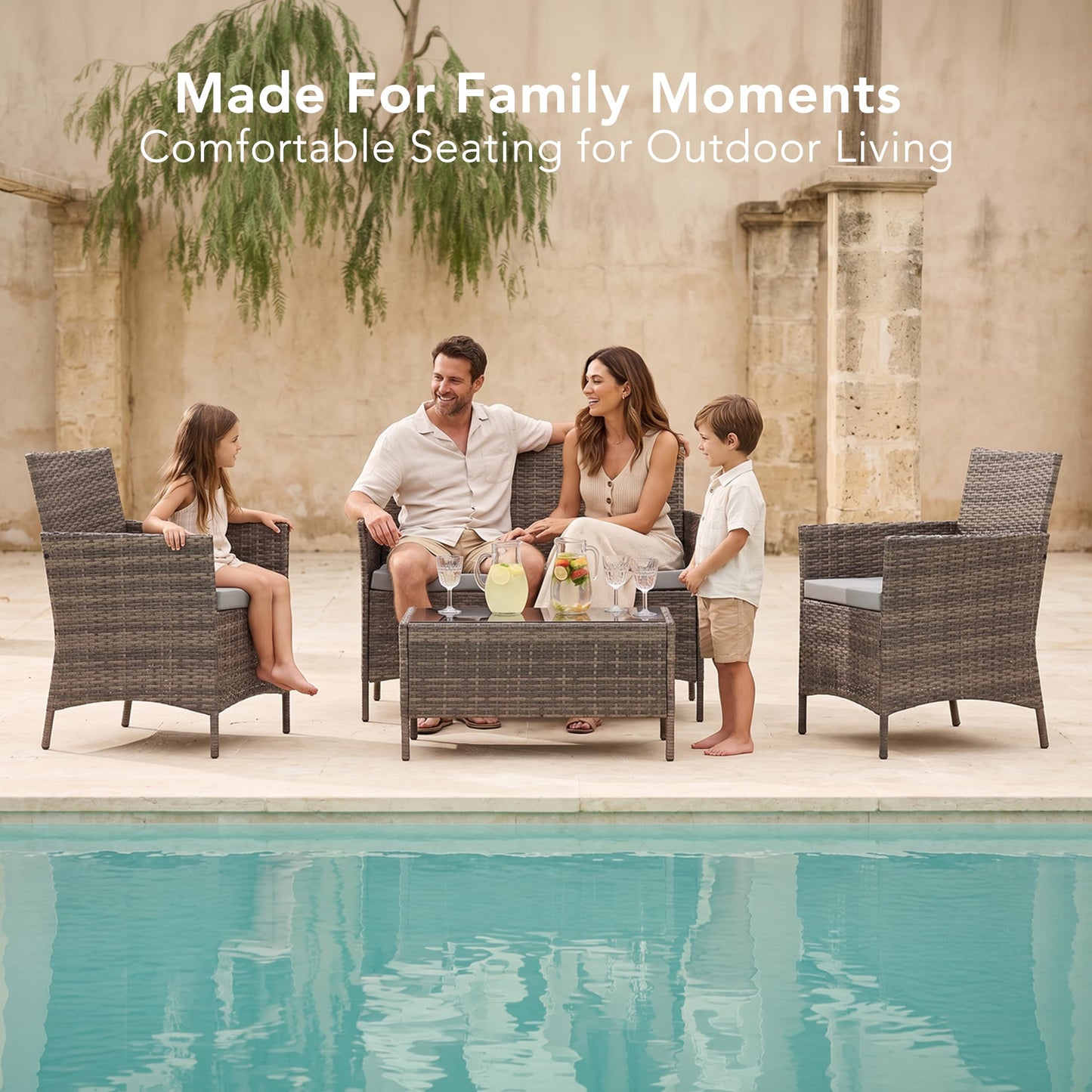 4 Seater Outdoor Rattan Sofa & Chair Set with Tempered Glass Table
