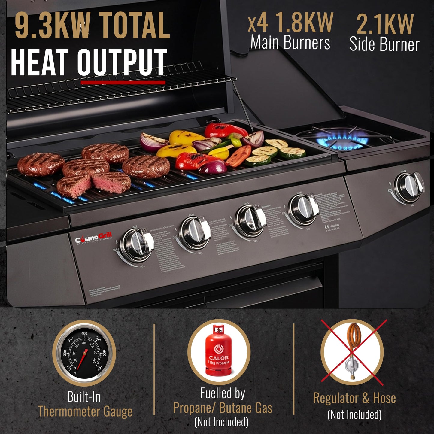 5 Burner Gas Barbecue Grill with Side Burner, Warming Rack & Storage