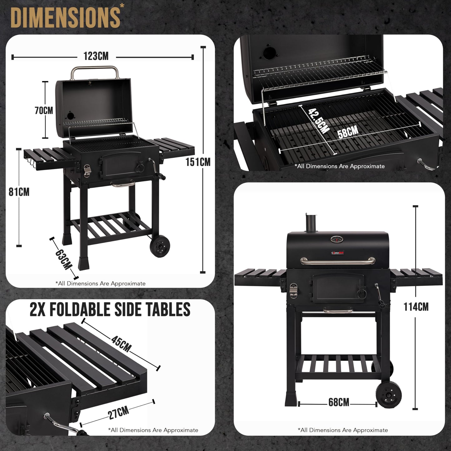 XL Charcoal Smoker Barbecue with Adjustable Coal Tray & Folding Side Tables