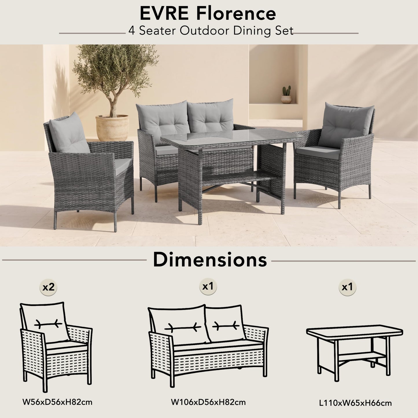 4 Seater Outdoor Rattan Dining Furniture Set with Glass Table