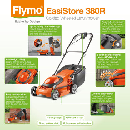 1600W Electric Lawn Mower with 38cm Cutting Width & 45L Grass Box