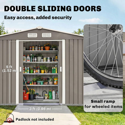 9 x 6ft Galvanised Metal Garden Storage Shed with Double Doors & Foundation Kit