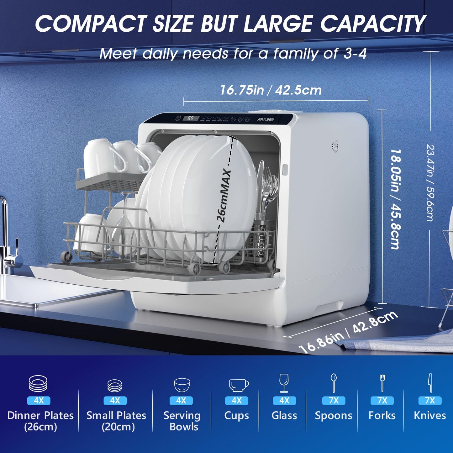 6 Program Compact Table Top Dishwasher with 5L Water Tank & Auto Drying