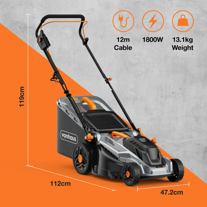 1800W Electric Lawn Mower with 43cm Cutting Width, 52L Grass Box & Mulching Function