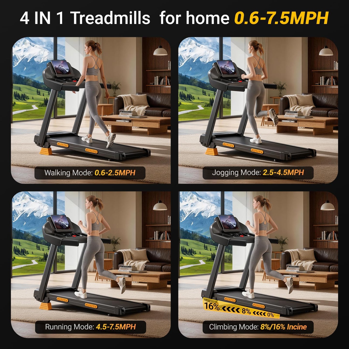 Folding Treadmill with 16% Incline, 3HP Motor, 12km/h Speed & Multi-Function Display