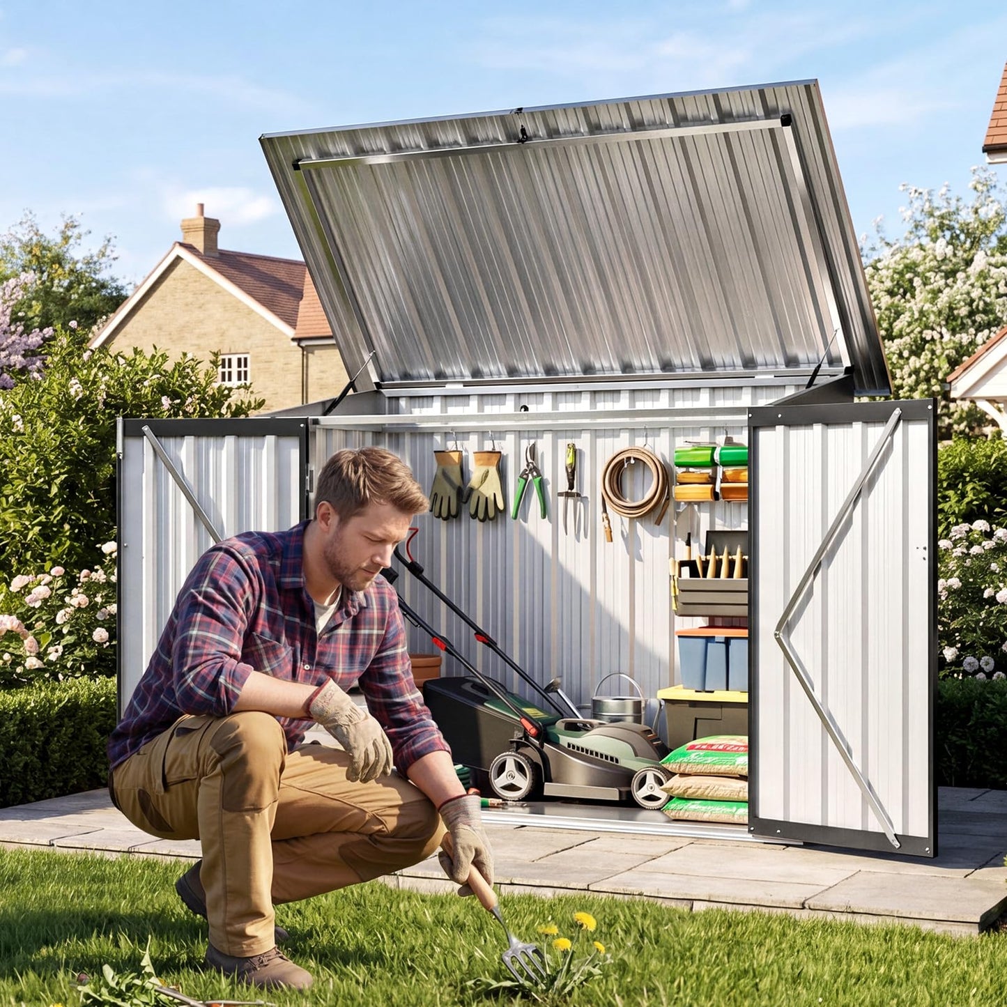 4.7 x 2.9ft Metal Garden Storage Shed with Front & Lift-Up Top Doors