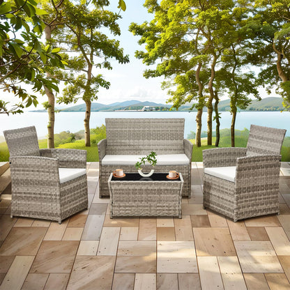 4 Person Rattan Patio Furniture Set with Sofa, Armchairs & Glass Table