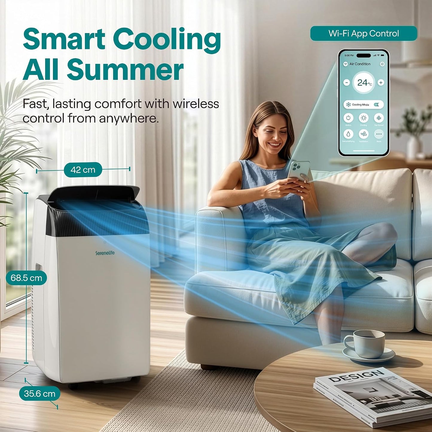 12,000 BTU Smart 3-in-1 Portable Air Conditioner with WiFi — Cooling, Fan & Dehumidifier, Self-Evaporating, Sleep Mode, 24hr Timer, Remote Control