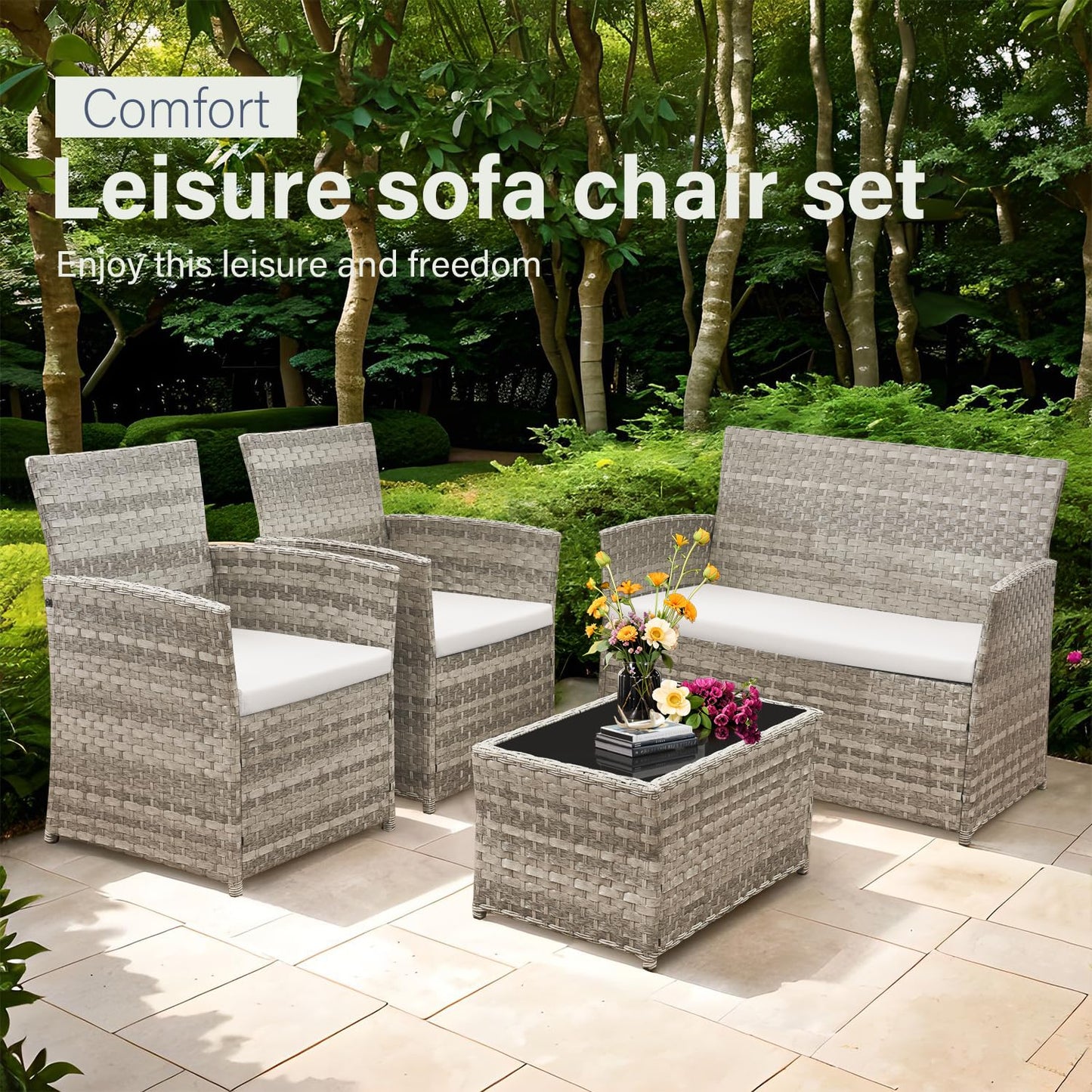 4 Person Rattan Patio Furniture Set with Sofa, Armchairs & Glass Table